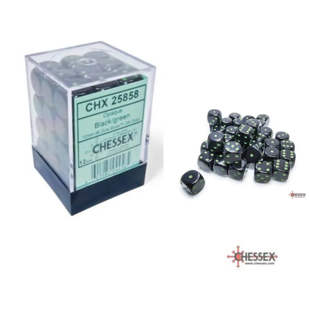Opaque Black/Green 12MM D6 Dice Block (36ct) #CHX 25858 image 0