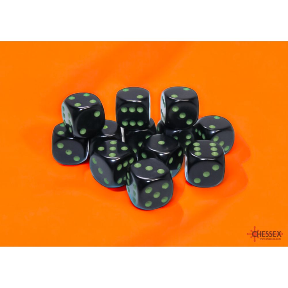 Opaque Black/green 16mm d6 Dice Block (12 dice) / #25658 image 0