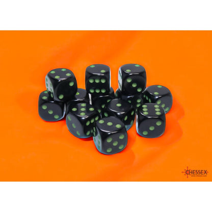 Opaque Black/green 16mm d6 Dice Block (12 dice) / #25658 image 0